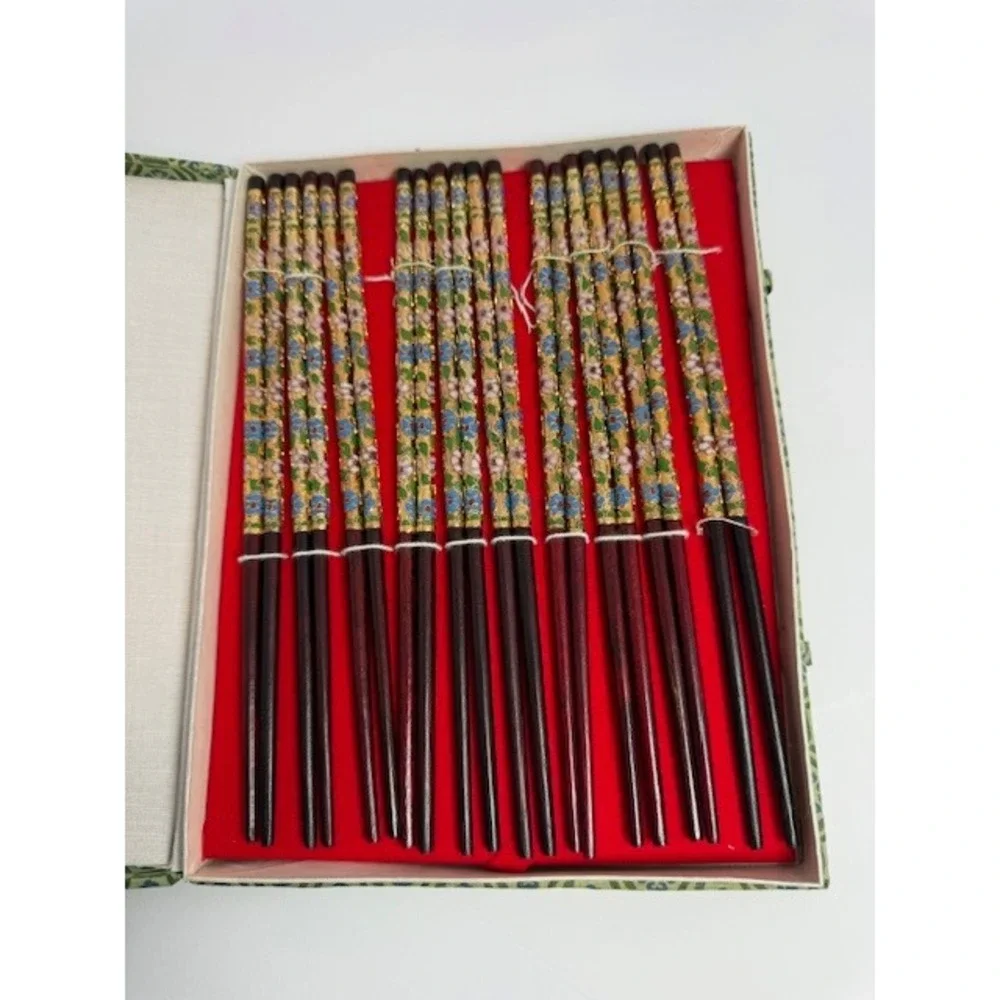 Vintage Cloisonne Enamel Floral Wood Chopsticks 10 Pair Set with Fabric Case